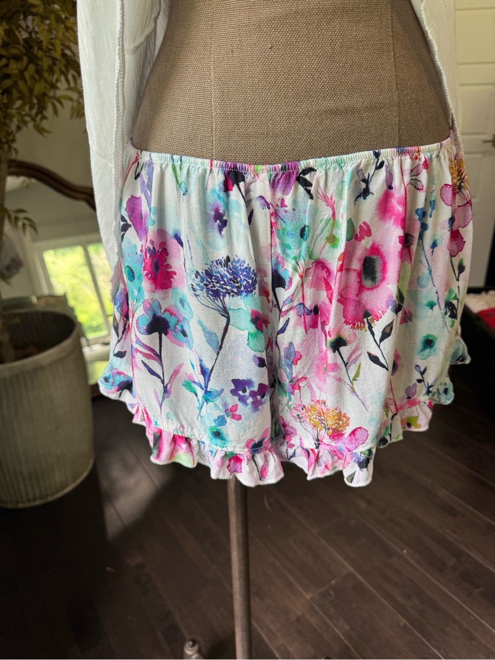 Floral Ruffle Mini Skirt - White with Multicolor Floral Print